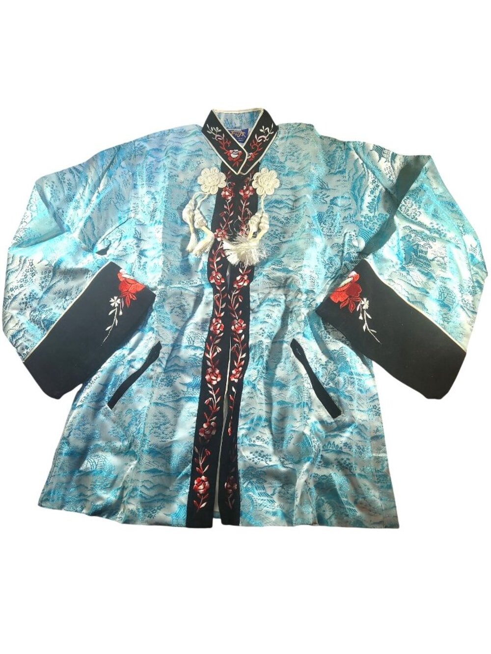 Kimono Jacket Vtg Fuji Japan Embroidered  Robe Blue Black floral cuff collar
